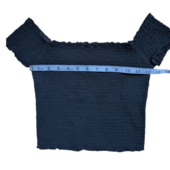 Garage Black Ruffle Hem Ribbed Stretchy Off the Shoulder Crop Top Women Medium - Picture 7 of 10